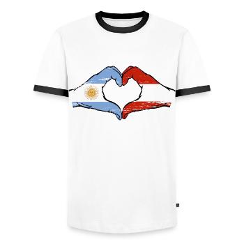 Argentina Austria Flag Hands Heart Shape Used - Men's Ringer Shirt - white/black - Front - AI Model Female 172 light (172cm) & AI Model Male 178 dark (178cm)