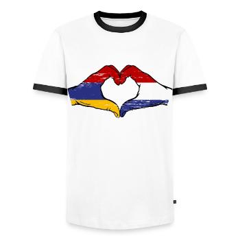 Arménie Hollande Drapeau Mains Coeur Forme Utilisé - T-shirt contrasté Homme - blanc/noir - Devant - AI Model Female 172 light (172cm) & AI Model Male 178 dark (178cm)
