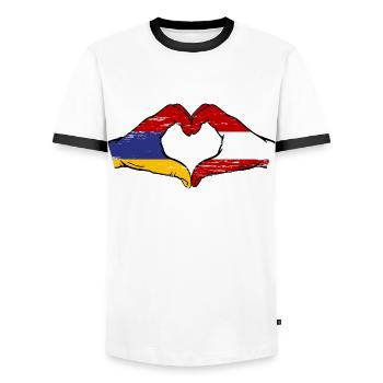Armenia Austria Flag Hands Heart Shape Used - Men's Ringer Shirt - white/black - Front - AI Model Female 172 light (172cm) & AI Model Male 178 dark (178cm)
