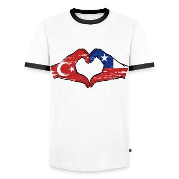 Turkey Chile Flag Hands Heart Shape Used - Men's Ringer Shirt - white/black - Front - AI Model Female 172 light (172cm) & AI Model Male 178 dark (178cm)