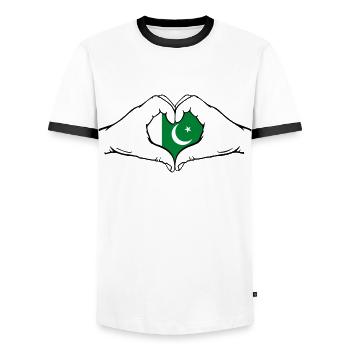 Pakistan Flag Hands Heart Shape - Men's Ringer Shirt - white/black - Front - AI Model Female 172 light (172cm) & AI Model Male 178 dark (178cm)