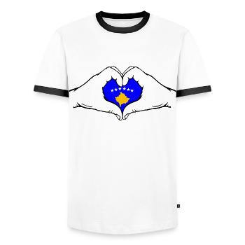 Kosovo Flag Hands Heart Shape - Men's Ringer Shirt - white/black - Front - AI Model Female 172 light (172cm) & AI Model Male 178 dark (178cm)