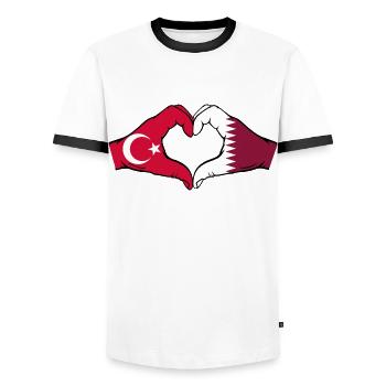 Türkei Katar Flagge Hände Herzform - Männer Kontrast-T-Shirt - Weiß/Schwarz - Vorne - AI Model Female 172 light (172cm) & AI Model Male 178 dark (178cm)