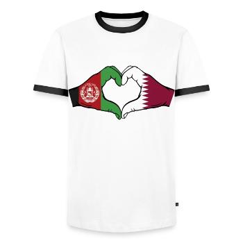 Afghanistan Qatar Flag Hands Heart Shape - Men's Ringer Shirt - white/black - Front - AI Model Female 172 light (172cm) & AI Model Male 178 dark (178cm)