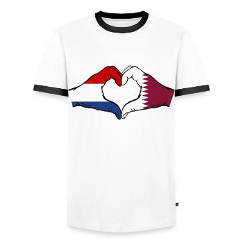 Hollande Qatar Drapeau Mains Forme Coeur - T-shirt contrasté Homme - blanc/noir - Devant - AI Model Female 172 light (172cm) & AI Model Male 178 dark (178cm)