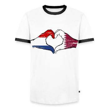 Hollande Qatar drapeau mains forme de coeur utilisé - T-shirt contrasté Homme - blanc/noir - Devant - AI Model Female 172 light (172cm) & AI Model Male 178 dark (178cm)