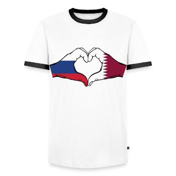 Russland Katar Flagge Hände Herzform - Männer Kontrast-T-Shirt - Weiß/Schwarz - Vorne - AI Model Female 172 light (172cm) & AI Model Male 178 dark (178cm)