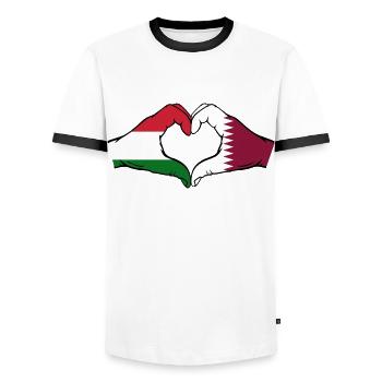 Ungarn Katar Flagge Hände Herzform - Männer Kontrast-T-Shirt - Weiß/Schwarz - Vorne - AI Model Female 172 light (172cm) & AI Model Male 178 dark (178cm)