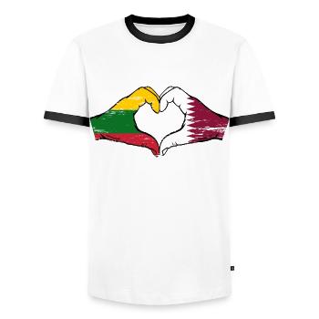 Lithuania Qatar flag hands heart shape used - Men's Ringer Shirt - white/black - Front - AI Model Female 172 light (172cm) & AI Model Male 178 dark (178cm)