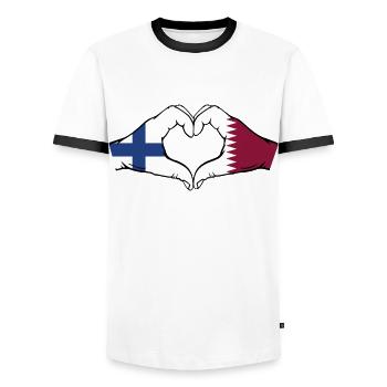 Finlande Qatar drapeau mains forme coeur - T-shirt contrasté Homme - blanc/noir - Devant - AI Model Female 172 light (172cm) & AI Model Male 178 dark (178cm)