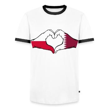 Poland Qatar Flag Hands Heart Shape - Men's Ringer Shirt - white/black - Front - AI Model Female 172 light (172cm) & AI Model Male 178 dark (178cm)