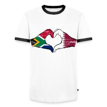 Afrique du Sud Drapeau Qatar mains forme de coeur utilisé - T-shirt contrasté Homme - blanc/noir - Devant - AI Model Female 172 light (172cm) & AI Model Male 178 dark (178cm)