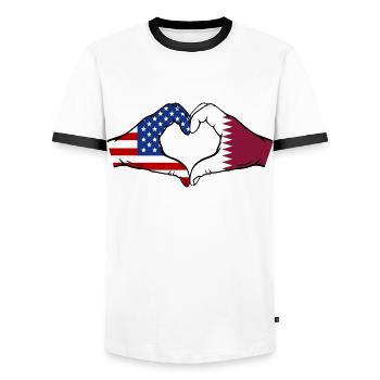 États-Unis Qatar Drapeau Mains Forme Coeur - T-shirt contrasté Homme - blanc/noir - Devant - AI Model Female 172 light (172cm) & AI Model Male 178 dark (178cm)