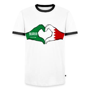 Saudi Arabia Bahrain Flag Hands Heart Shape - Men's Ringer Shirt - white/black - Front - AI Model Female 172 light (172cm) & AI Model Male 178 dark (178cm)