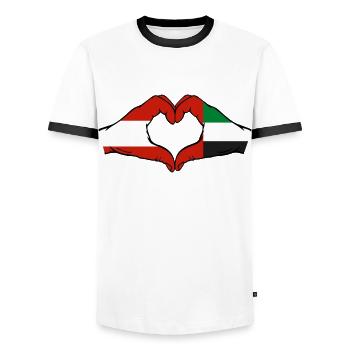 Österreich Vereinigte Arabische Emirate Flagge - Männer Kontrast-T-Shirt - Weiß/Schwarz - Vorne - AI Model Female 172 light (172cm) & AI Model Male 178 dark (178cm)