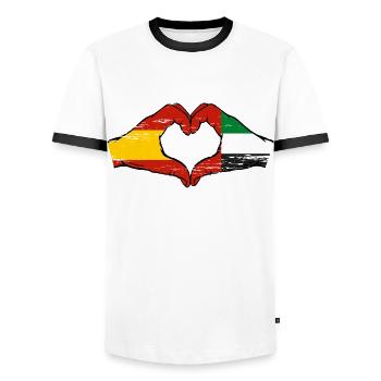 Spanien Vereinigte Arabische Emirate Flagge Herz - Männer Kontrast-T-Shirt - Weiß/Schwarz - Vorne - AI Model Female 172 light (172cm) & AI Model Male 178 dark (178cm)