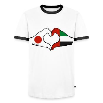 Japan United Arab Emirates Flag Heart - Men's Ringer Shirt - white/black - Front - AI Model Female 172 light (172cm) & AI Model Male 178 dark (178cm)