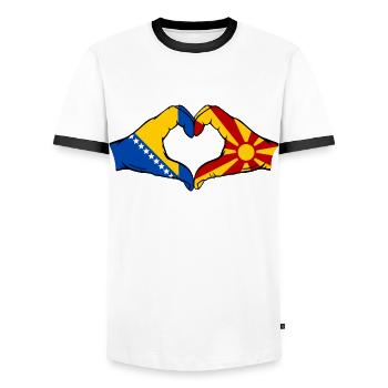 Bosnia Macedonia Flag Hands Heart Shape - Men's Ringer Shirt - white/black - Front - AI Model Female 172 light (172cm) & AI Model Male 178 dark (178cm)