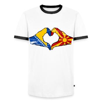 Bosnie Macédoine drapeau mains forme de coeur utilisé - T-shirt contrasté Homme - blanc/noir - Devant - AI Model Female 172 light (172cm) & AI Model Male 178 dark (178cm)