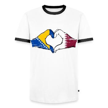 Bosnien Katar Flagge Hände Herzform used - Männer Kontrast-T-Shirt - Weiß/Schwarz - Vorne - AI Model Female 172 light (172cm) & AI Model Male 178 dark (178cm)