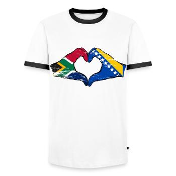 Afrique du Sud Drapeau Bosnie mains forme de coeur utilisé - T-shirt contrasté Homme - blanc/noir - Devant - AI Model Female 172 light (172cm) & AI Model Male 178 dark (178cm)
