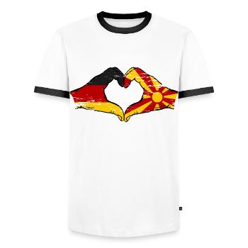 Germany Macedonia Flag Hands Heart Shape Used - Men's Ringer Shirt - white/black - Front - AI Model Female 172 light (172cm) & AI Model Male 178 dark (178cm)