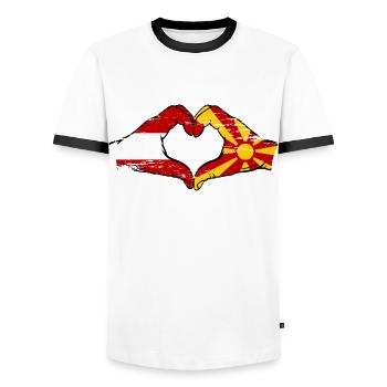 Austria Macedonia Flag Hands Heart Shape Used - Men's Ringer Shirt - white/black - Front - AI Model Female 172 light (172cm) & AI Model Male 178 dark (178cm)