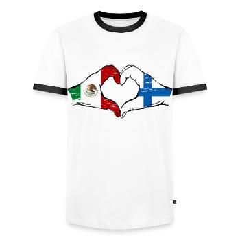 Mexique Finlande drapeau mains forme de coeur utilisé - T-shirt contrasté Homme - blanc/noir - Devant - AI Model Female 172 light (172cm) & AI Model Male 178 dark (178cm)