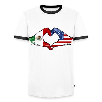 Mexique USA Drapeau Mains Coeur Forme Utilisé - T-shirt contrasté Homme - blanc/noir - Devant - AI Model Female 172 light (172cm) & AI Model Male 178 dark (178cm)