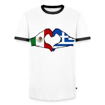 Mexico Greece Flag Hands Heart Shape - Men's Ringer Shirt - white/black - Front - AI Model Female 172 light (172cm) & AI Model Male 178 dark (178cm)