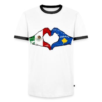 Mexique Kosovo drapeau mains forme de coeur utilisé - T-shirt contrasté Homme - blanc/noir - Devant - AI Model Female 172 light (172cm) & AI Model Male 178 dark (178cm)