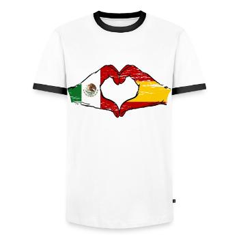 Mexique Espagne Drapeau Mains Coeur Forme Utilisé - T-shirt contrasté Homme - blanc/noir - Devant - AI Model Female 172 light (172cm) & AI Model Male 178 dark (178cm)