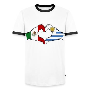 Mexico Uruguay flag hands heart shape used - Men's Ringer Shirt - white/black - Front - AI Model Female 172 light (172cm) & AI Model Male 178 dark (178cm)