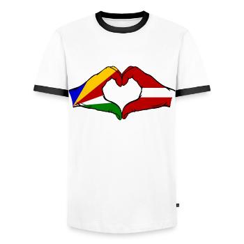 Seychelles Lettonie Drapeau Mains Coeur - T-shirt contrasté Homme - blanc/noir - Devant - AI Model Female 172 light (172cm) & AI Model Male 178 dark (178cm)