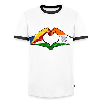 Seychellen Indien Flagge Hände Herzform used - Männer Kontrast-T-Shirt - Weiß/Schwarz - Vorne - AI Model Female 172 light (172cm) & AI Model Male 178 dark (178cm)