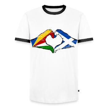 Seychelles Scotland flag hands heart shape used - Men's Ringer Shirt - white/black - Front - AI Model Female 172 light (172cm) & AI Model Male 178 dark (178cm)