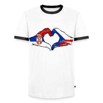 Serbien Tschechien Flagge Hände Herzform used - Männer Kontrast-T-Shirt - Weiß/Schwarz - Vorne - AI Model Female 172 light (172cm) & AI Model Male 178 dark (178cm)
