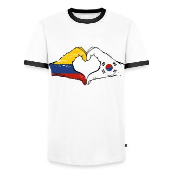 Colombie Corée du Sud drapeau mains forme de coeur utilisé - T-shirt contrasté Homme - blanc/noir - Devant - AI Model Female 172 light (172cm) & AI Model Male 178 dark (178cm)