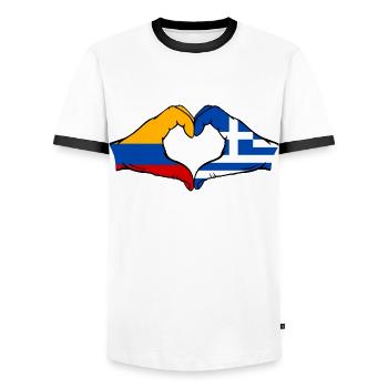 Colombia Greece Flag Hands Heart Shape - Men's Ringer Shirt - white/black - Front - AI Model Female 172 light (172cm) & AI Model Male 178 dark (178cm)