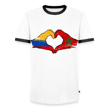 Colombia Morocco Flag Hands Heart Shape Used - Men's Ringer Shirt - white/black - Front - AI Model Female 172 light (172cm) & AI Model Male 178 dark (178cm)