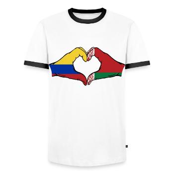 Colombia Belarus Flag Hands Heart Shape - Men's Ringer Shirt - white/black - Front - AI Model Female 172 light (172cm) & AI Model Male 178 dark (178cm)