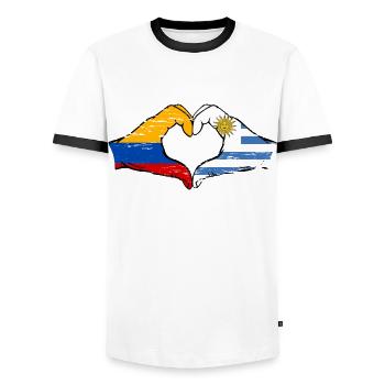 Colombia Uruguay flag hands heart shape used - Men's Ringer Shirt - white/black - Front - AI Model Female 172 light (172cm) & AI Model Male 178 dark (178cm)