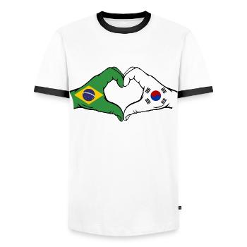Brazil South Korea Flag Hands Heart Shape - Men's Ringer Shirt - white/black - Front - AI Model Female 172 light (172cm) & AI Model Male 178 dark (178cm)
