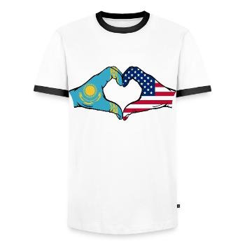Kazakhstan États-Unis Drapeau Mains Coeur Forme - T-shirt contrasté Homme - blanc/noir - Devant - AI Model Female 172 light (172cm) & AI Model Male 178 dark (178cm)