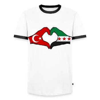 Turquie Syrie Drapeau Mains Coeur Forme - T-shirt contrasté Homme - blanc/noir - Devant - AI Model Female 172 light (172cm) & AI Model Male 178 dark (178cm)
