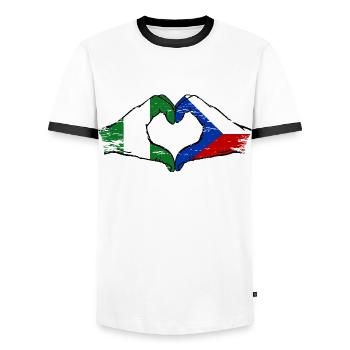 Nigeria République tchèque drapeau mains forme de coeur utilisé - T-shirt contrasté Homme - blanc/noir - Devant - AI Model Female 172 light (172cm) & AI Model Male 178 dark (178cm)