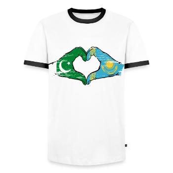 Pakistan Kazakhstan drapeau mains forme de coeur utilisé - T-shirt contrasté Homme - blanc/noir - Devant - AI Model Female 172 light (172cm) & AI Model Male 178 dark (178cm)
