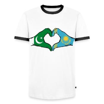 Pakistan Kazakhstan drapeau mains forme coeur - T-shirt contrasté Homme - blanc/noir - Devant - AI Model Female 172 light (172cm) & AI Model Male 178 dark (178cm)