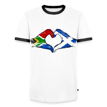 Afrique du Sud Ecosse Drapeau Mains Coeur Forme Utilisé - T-shirt contrasté Homme - blanc/noir - Devant - AI Model Female 172 light (172cm) & AI Model Male 178 dark (178cm)