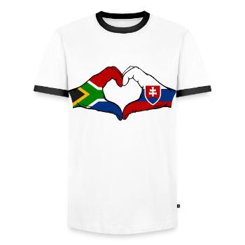 Südafrika Slowakei Flagge Hände Herzform - Männer Kontrast-T-Shirt - Weiß/Schwarz - Vorne - AI Model Female 172 light (172cm) & AI Model Male 178 dark (178cm)